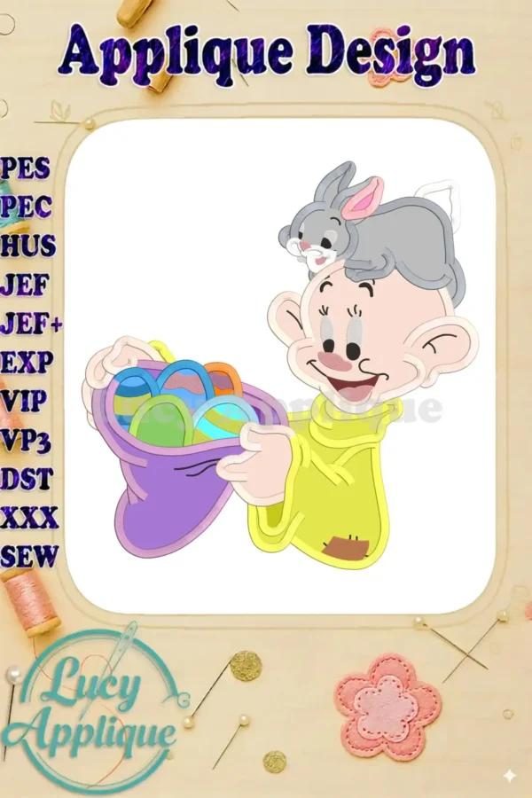 Applique design of Dopey from Snow White holding Easter eggs, with a bunny on his head. The design is shown against a light wood background with embroidery tools.
