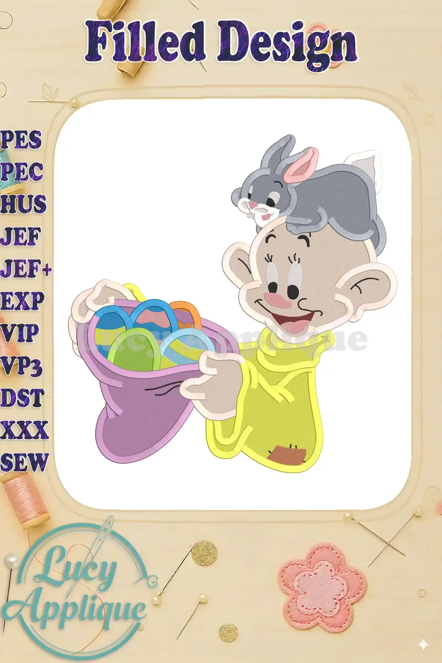 Embroidery design of Dopey from Snow White holding Easter eggs, with a bunny on his head. Filled stitch design, ready to be stitched out.