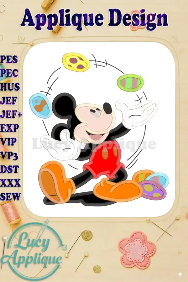 Main image showcasing a Mickey Mouse applique design juggling colorful Easter eggs, ready to be stitched. The design is cheerful and perfect for Easter celebrations.