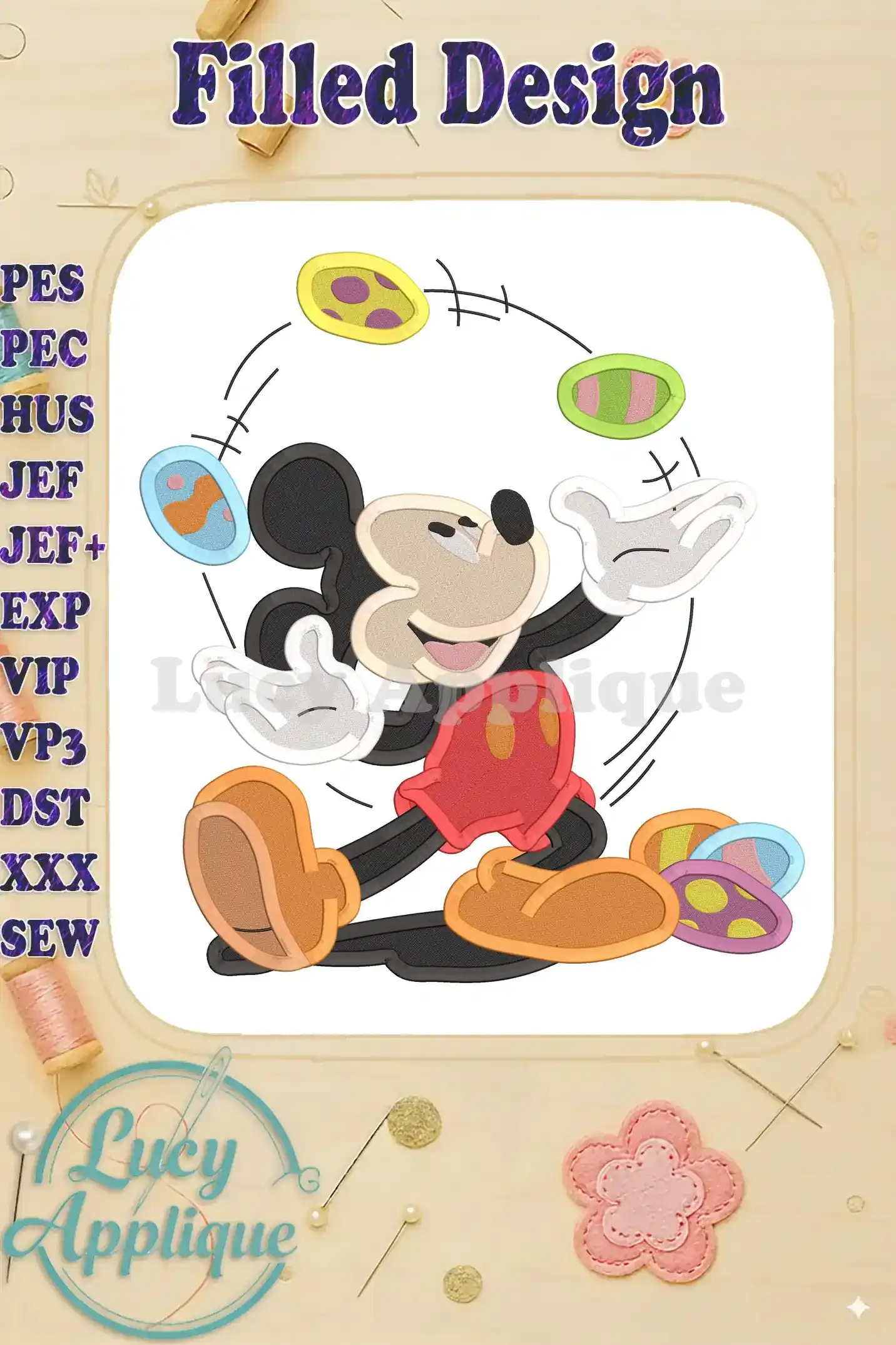 A filled embroidery design of Mickey Mouse juggling colorful Easter eggs. The design is vibrant and cheerful, perfect for Easter-themed projects. It's set against a beige background, with hints of thread and fabric.