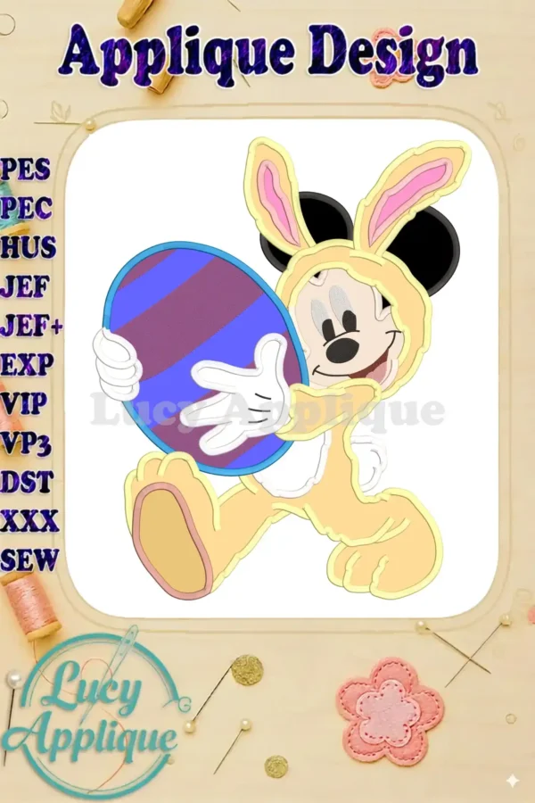 Adorable Easter Mickey Mouse dressed as a bunny, holding a decorated egg. This applique design is perfect for Easter projects and features vibrant colors and detailed stitching.