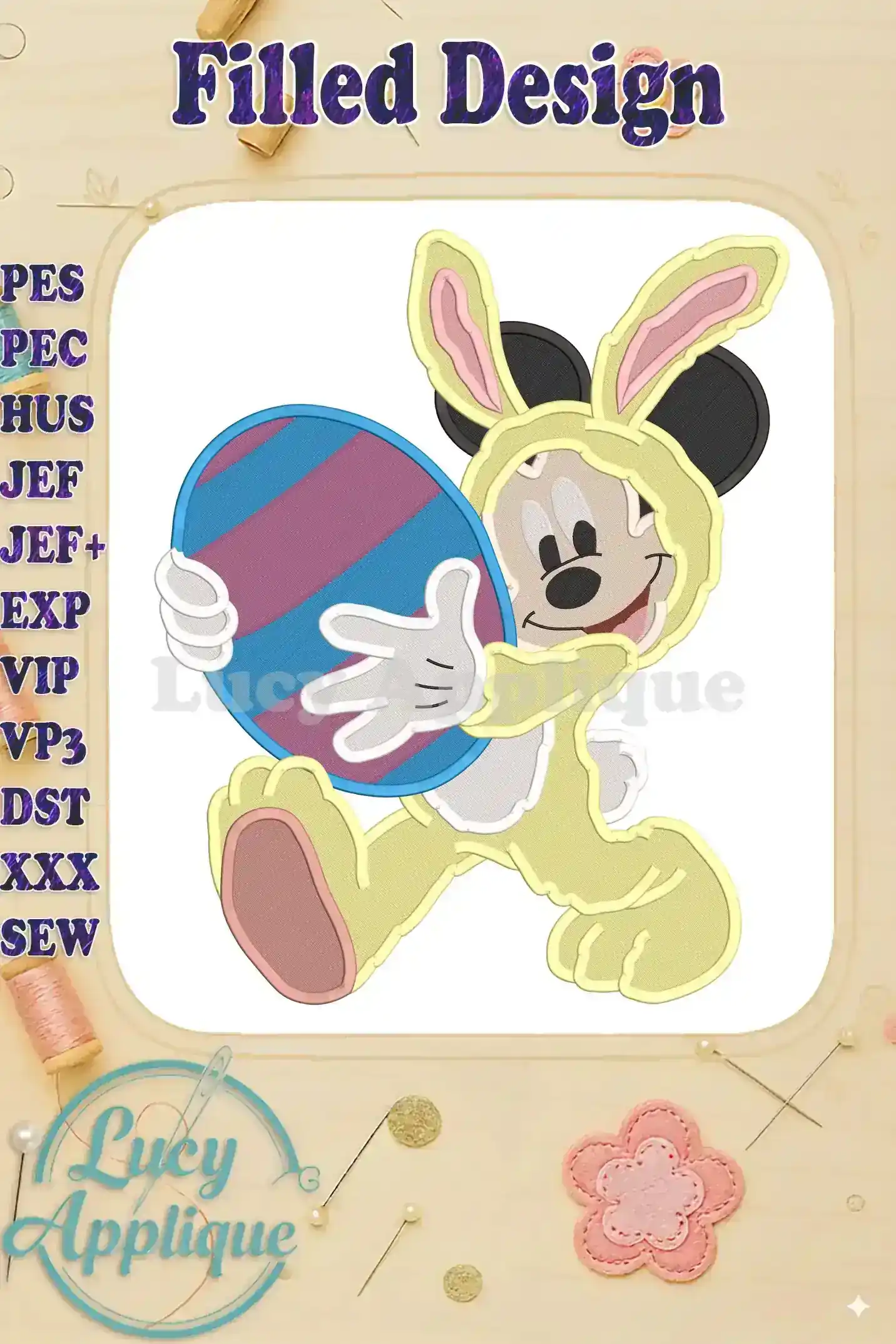 Embroidery design of Mickey Mouse dressed as an Easter bunny, holding a pastel egg. This filled design is perfect for Easter projects.