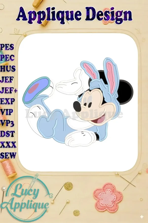 Adorable Easter Mickey Mouse in a light blue bunny costume applique design. The image showcases the design's details and stitch types.