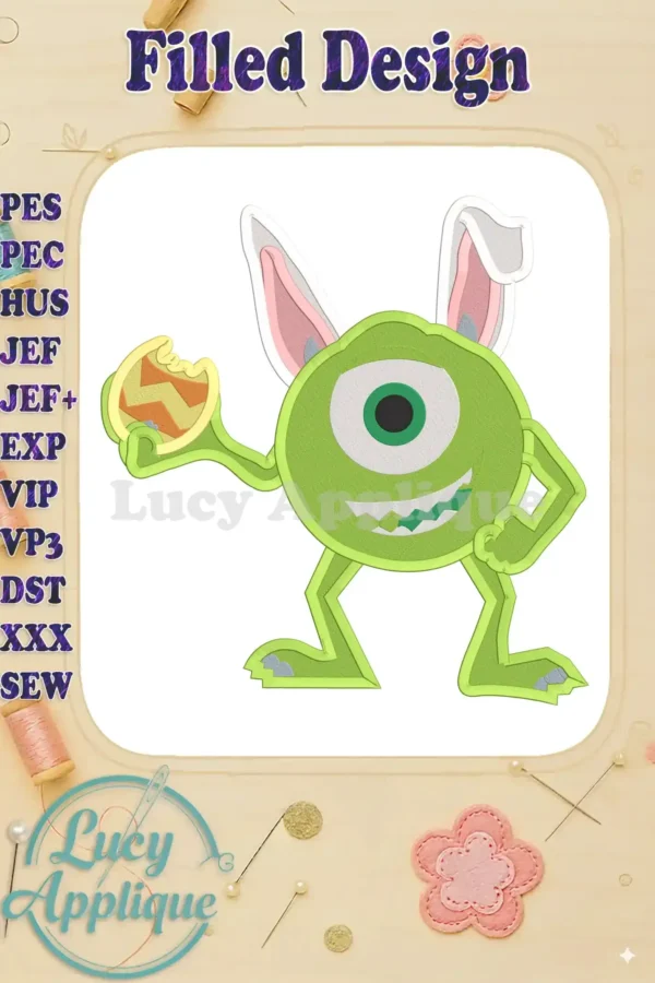 Mike Wazowski dressed as an Easter bunny, holding a decorated egg. A filled embroidery design, perfect for Easter crafts and projects.