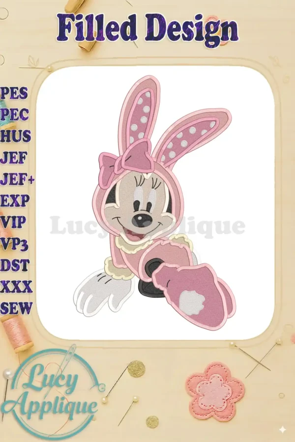 Easter Minnie Mouse as a bunny, filled embroidery design in pink and white. Perfect for Easter projects, showcasing detailed filled stitches.