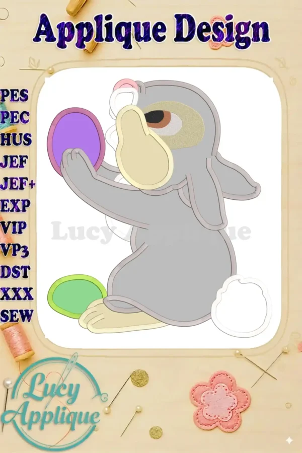 Easter Bambi Thumper applique embroidery design. Adorable bunny holding an Easter egg. Perfect for spring projects. Includes various file formats.
