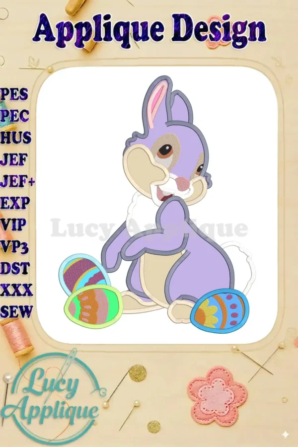 Embroidery design of Bambi Thumper, a cute bunny, with Easter eggs. This applique design is available in multiple formats for various embroidery machines.