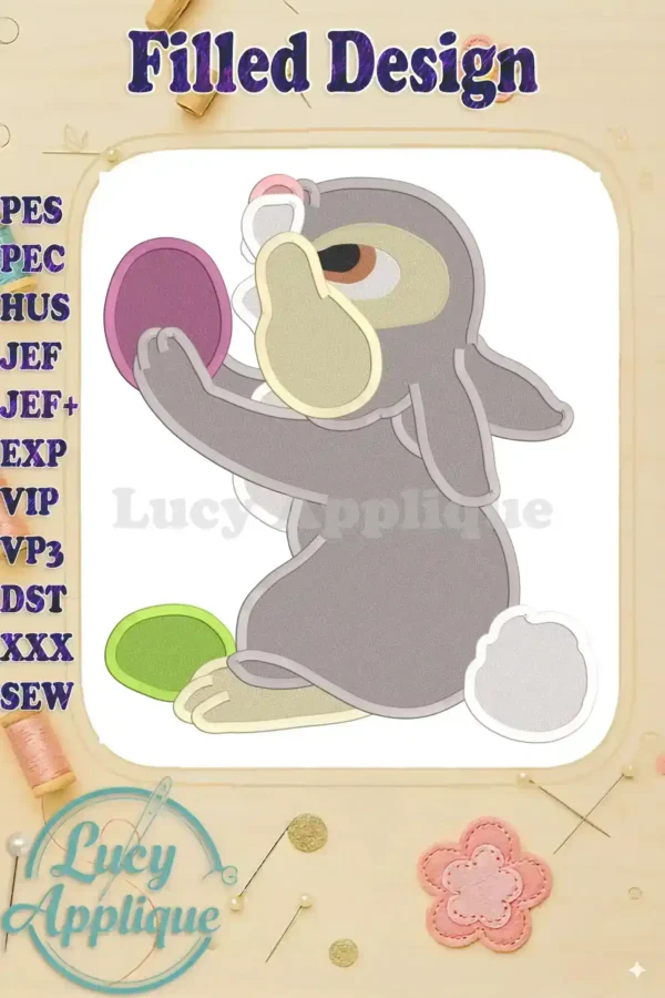 Embroidery design of Bambi Thumper, a grey bunny, playfully holding pastel-colored Easter eggs. Filled stitch style, various machine formats included.