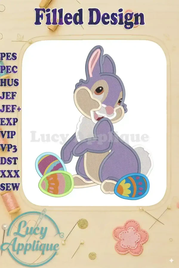 Embroidery design of Thumper, Bambi's friend, in a charming Easter pose, surrounded by colorful eggs. This filled design is perfect for adding a touch of spring to various projects.