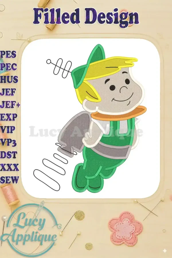 Main image showcasing the completed Elroy Jetson filled embroidery design, featuring vibrant colors and detailed stitching, ready to be sewn onto various fabrics.