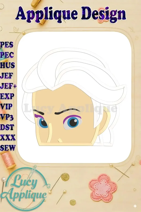 Main image showcasing the Elsa applique embroidery design, featuring a charming illustration of Elsa's face. Various file formats are listed.