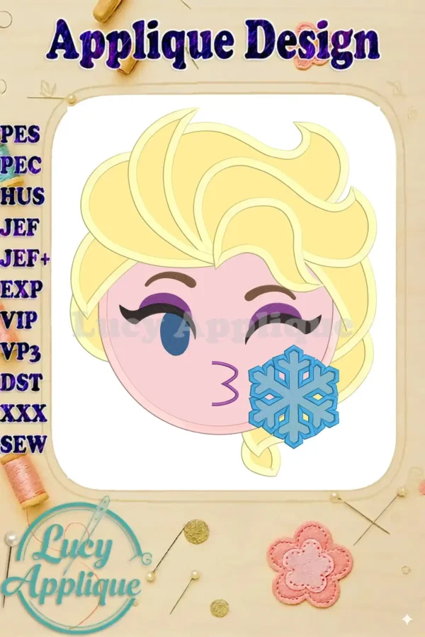 Main image showcasing the completed Elsa emoji applique embroidery design, featuring Elsa blowing a snowflake. Perfect for adding a whimsical touch to your projects!