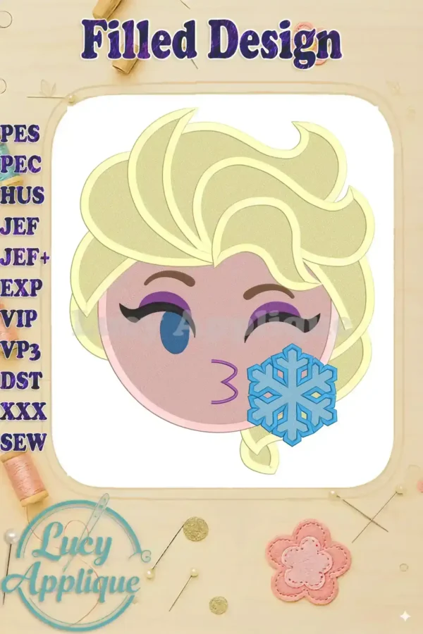 Close-up of a completed Elsa emoji embroidery design. The design shows Elsa blowing a snowflake, with a filled stitch style.