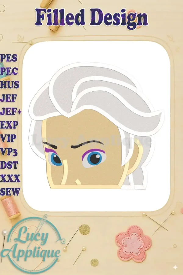 Close-up of a vibrant, filled embroidery design of Elsa from Frozen, showcasing her signature hairstyle and facial features. The design is presented on a light wood background with decorative accents.