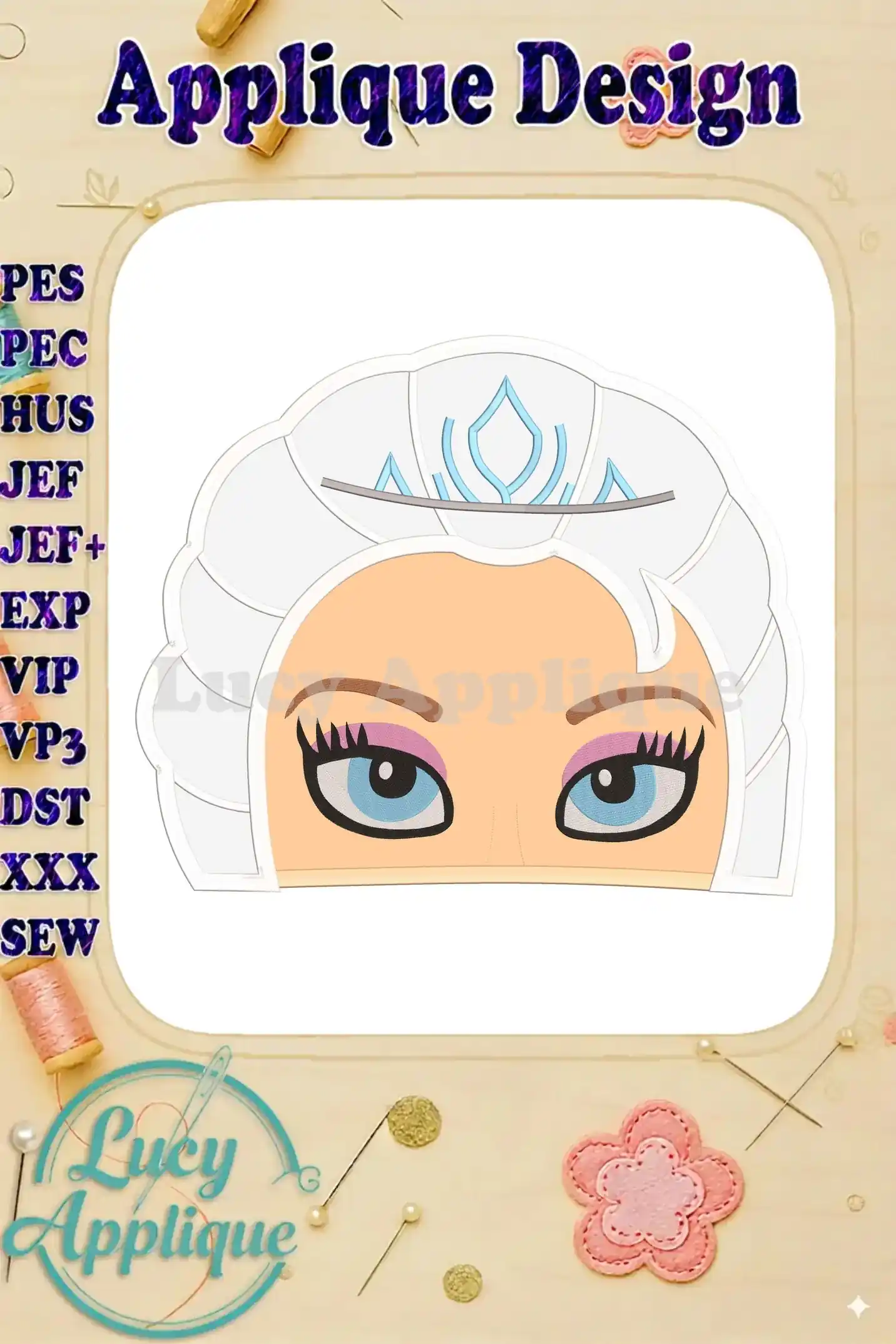 Main product image showcasing an Elsa head applique embroidery design, featuring intricate details and a white background. Various file formats are listed for compatibility with different embroidery machines.