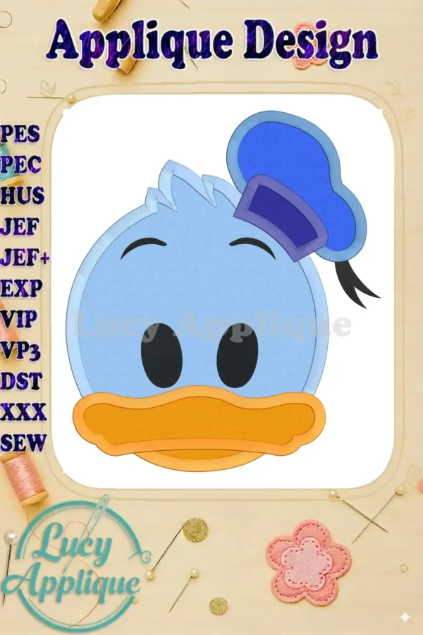 Main image showcasing an adorable Emoji Donald Duck applique embroidery design, perfect for Disney fans. The design is presented on a white background with colorful accents.