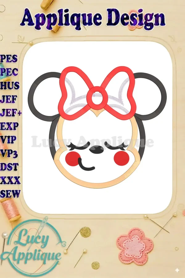 Emoji Minnie Mouse Disney applique embroidery design. Features a cute Minnie Mouse face with a playful expression and a red bow.