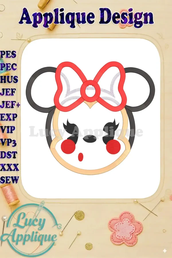 Main image showcasing a charming Emoji Minnie Mouse applique embroidery design, ready to be stitched. The design features Minnie's signature style with a playful emoji expression.
