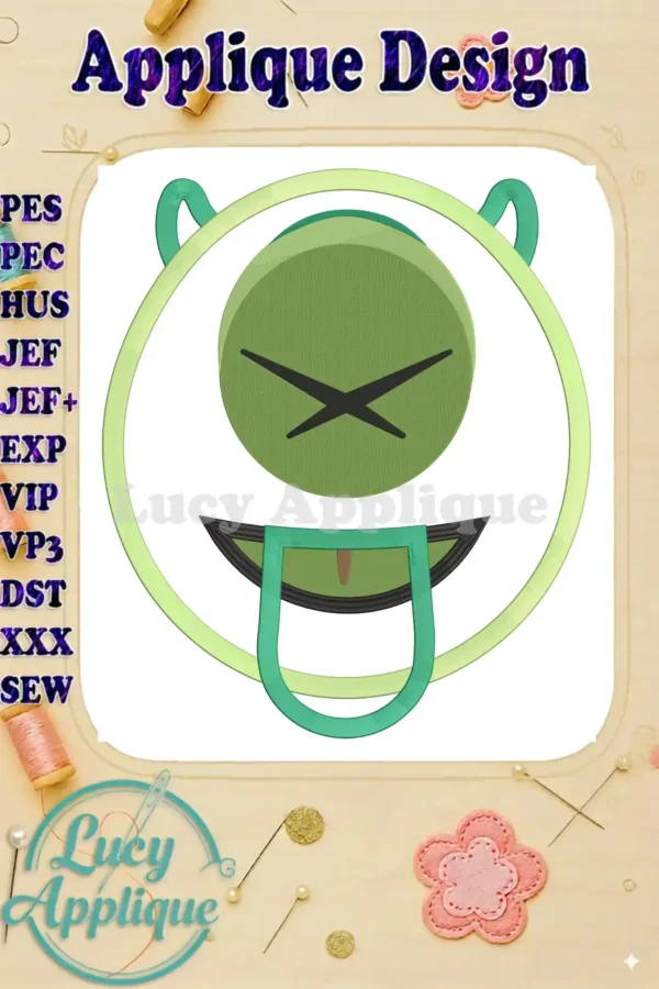 Applique embroidery design of Mike Wazowski from Monsters Inc., featuring his signature tongue sticking out. The design includes various stitch types for a detailed look.