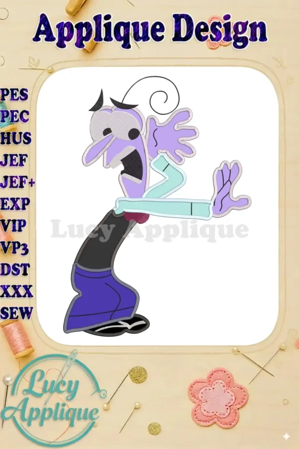 Applique design of Fear from Disney Pixar's Inside Out, showcasing his signature purple attire and worried expression. Includes various embroidery file formats.