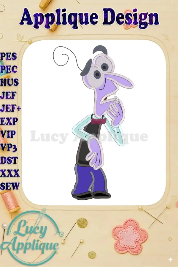 Applique embroidery design of Fear from Disney Pixar's Inside Out. The design shows Fear in his signature pose, ready to be stitched onto fabric.