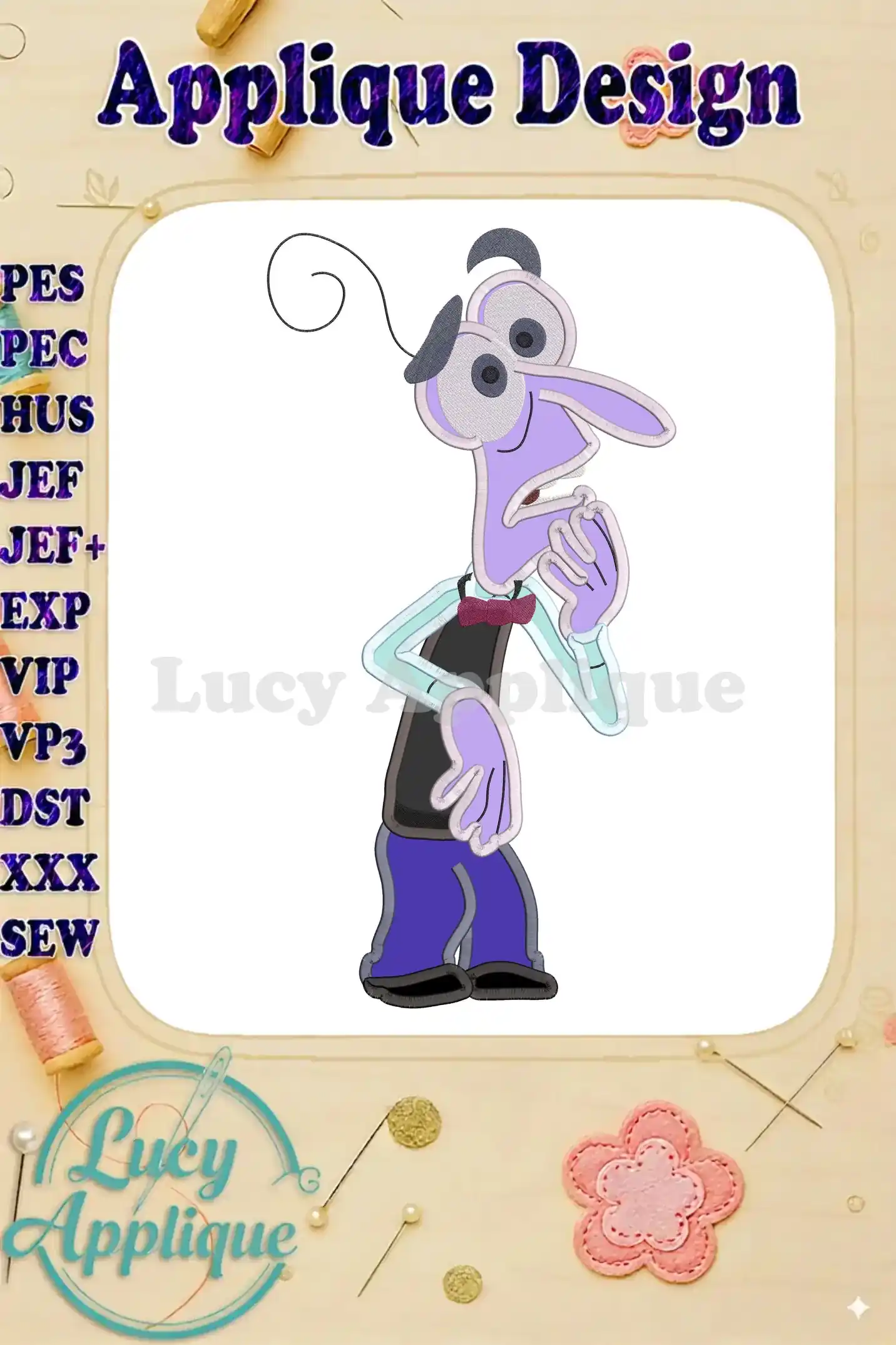 Applique embroidery design of Fear from Disney Pixar's Inside Out. The design shows Fear in his signature pose, ready to be stitched onto fabric.