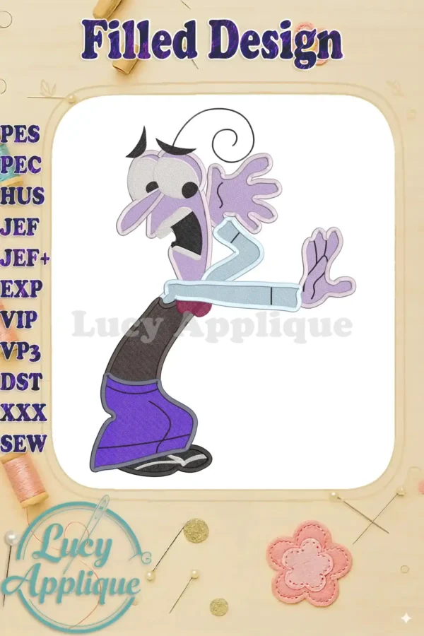 Embroidery design of Fear from Disney Pixar's Inside Out. The design showcases Fear's signature anxious expression and purple attire, rendered in filled stitches. Perfect for adding a quirky touch to various projects.