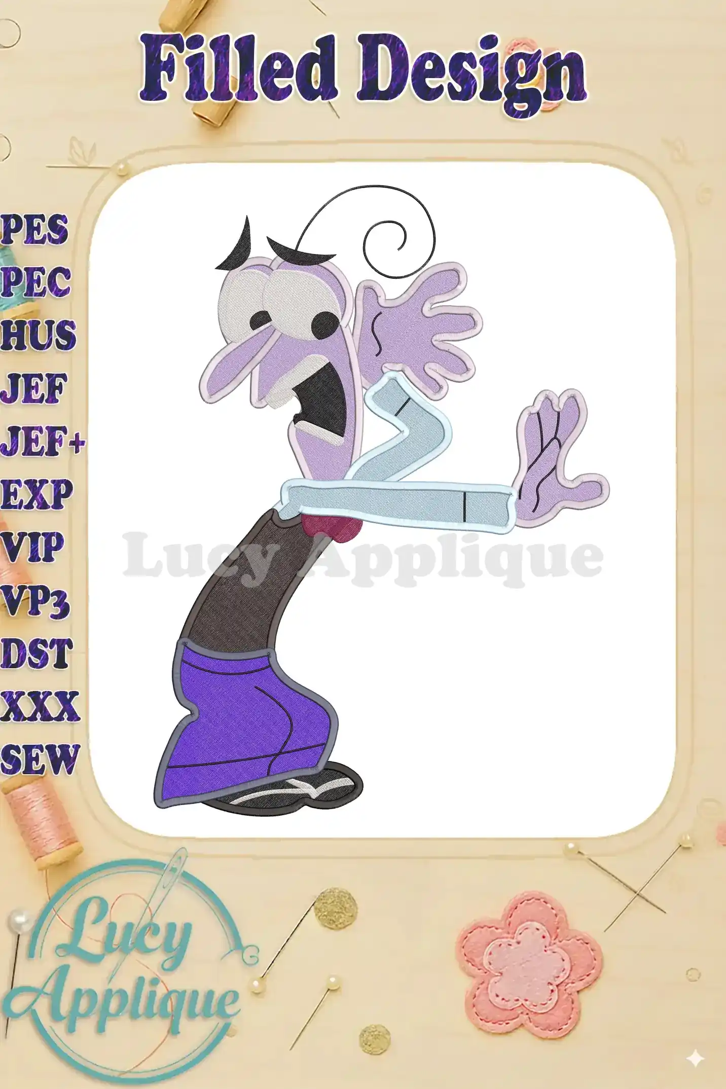 Embroidery design of Fear from Disney Pixar's Inside Out. The design showcases Fear's signature anxious expression and purple attire, rendered in filled stitches. Perfect for adding a quirky touch to various projects.