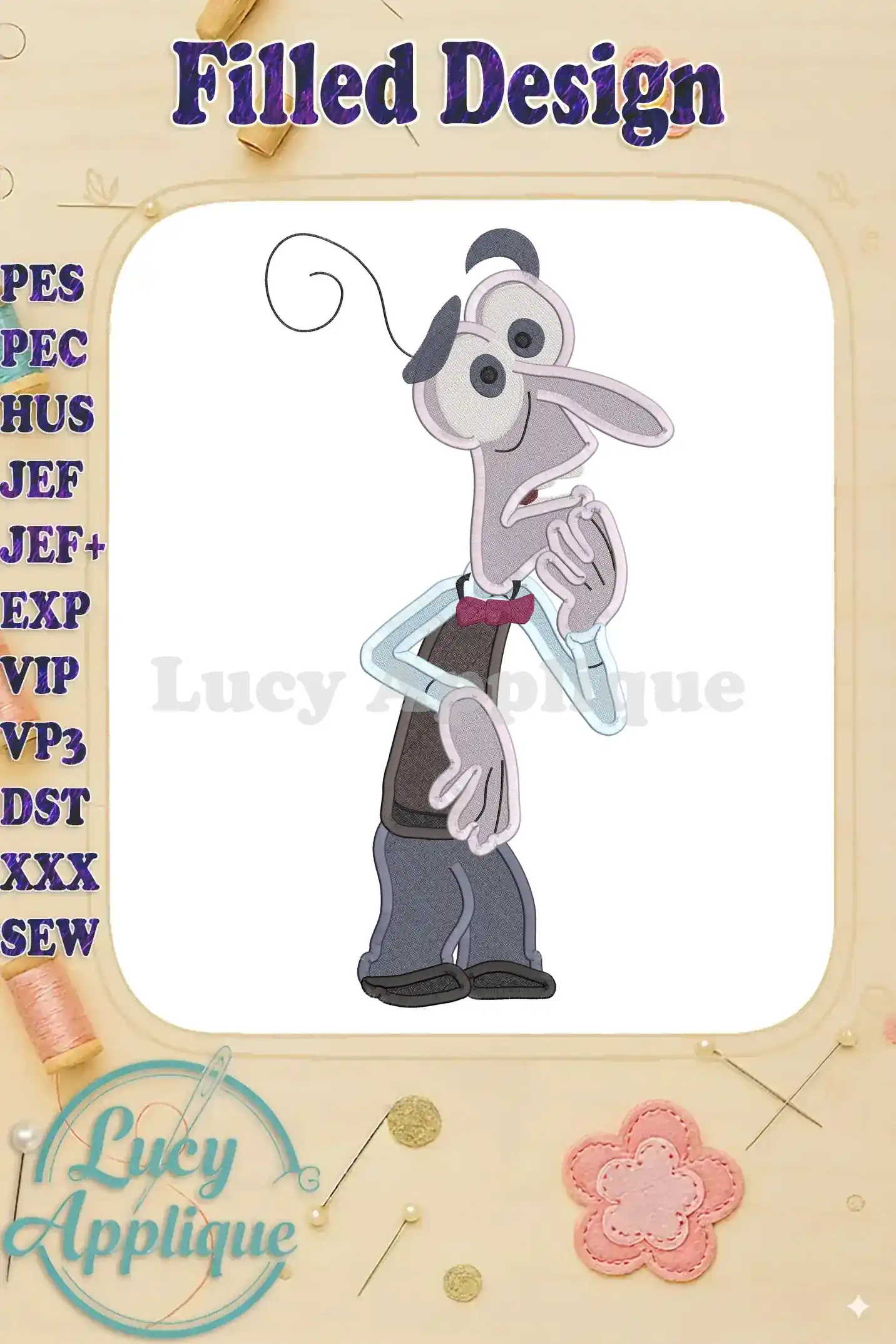 Embroidery design of Fear from Disney Pixar's Inside Out. A detailed, filled design showing Fear in his signature outfit, perfect for sewing projects.