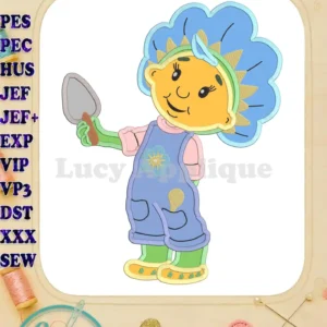Fifi Flowertots applique embroidery design, showcasing Fifi holding a small gardening tool. This charming design is perfect for adding a touch of whimsy to your projects.