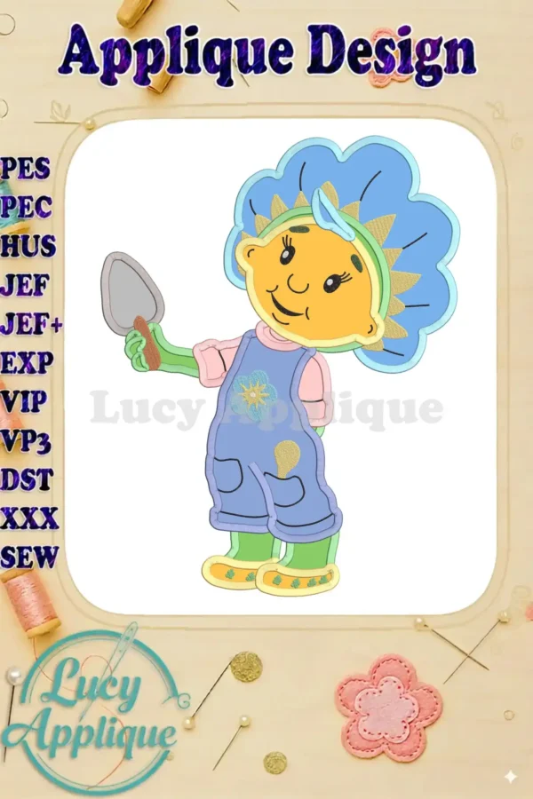 Fifi Flowertots applique embroidery design, showcasing Fifi holding a small gardening tool. This charming design is perfect for adding a touch of whimsy to your projects.