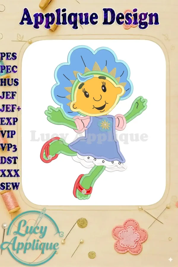Fifi Flowertots applique embroidery design. A charming illustration of Fifi in a blue flower headdress and dress, ready to be stitched.