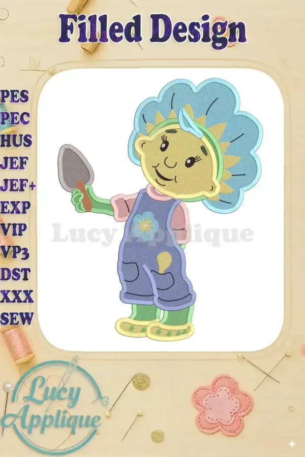 Embroidery design of Fifi Flowertots holding a gardening tool, in pastel colors. The design is filled and ready to be stitched. Perfect for adding a whimsical touch to your projects!