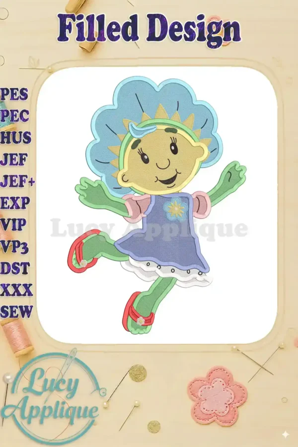 Embroidery design of Fifi from Fifi and the Flowertots, showcasing a filled design style. The character is depicted in a playful pose, wearing a dress and sandals.