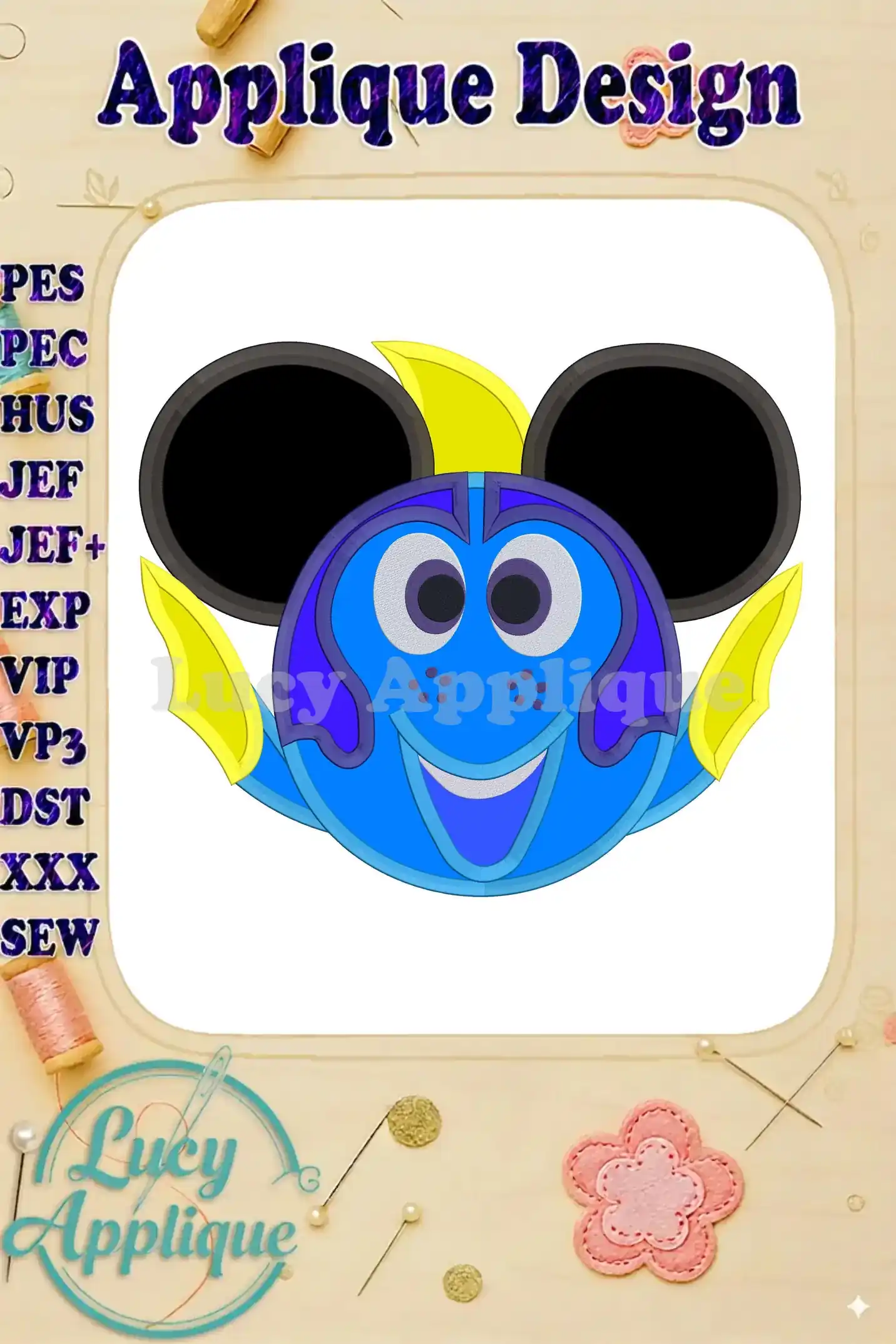 A charming Finding Dory applique embroidery design, where Dory is depicted in a Mickey Mouse-like style. The design is colorful and whimsical, perfect for adding a Disney touch to any project.