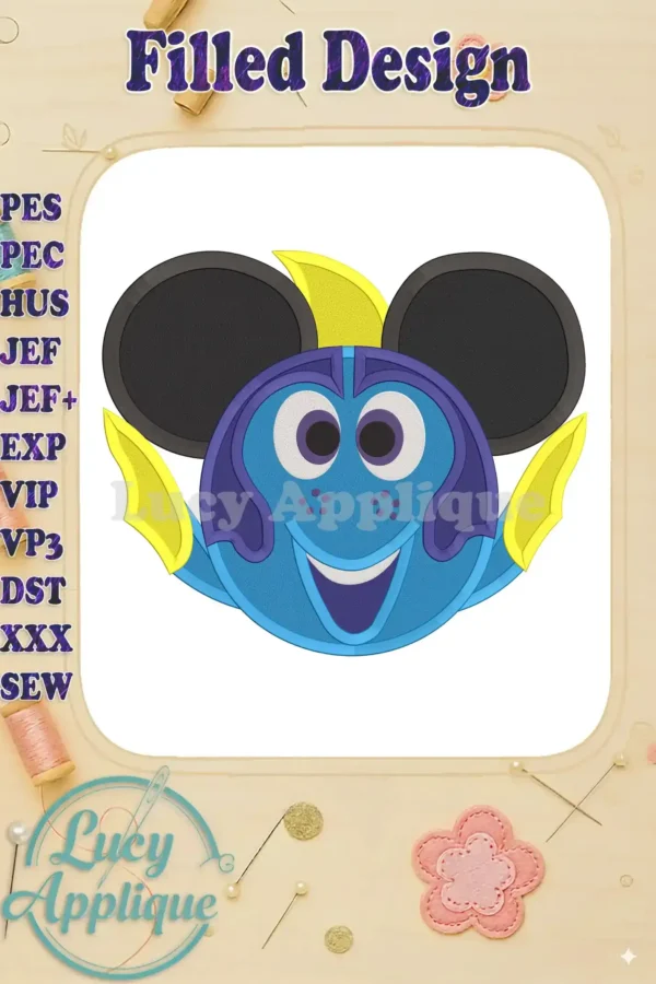 Finding Dory Mickey Mouse filled machine embroidery design. Blue, yellow, and purple. Mickey ears. Detailed stitches.