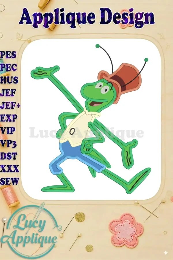 Embroidery design of Flip Maya the Bee, a cheerful green grasshopper in a top hat, shown in applique style with various stitch types indicated.