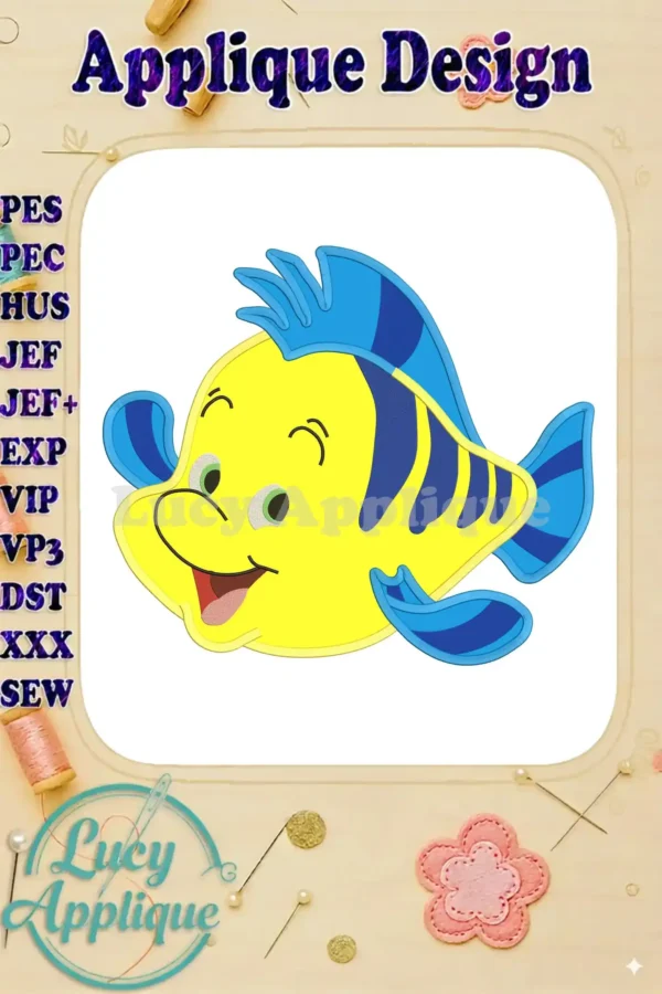 Main image showcasing a charming Flounder applique design from Disney's The Little Mermaid, ready to be embroidered. The design is vibrant and detailed.