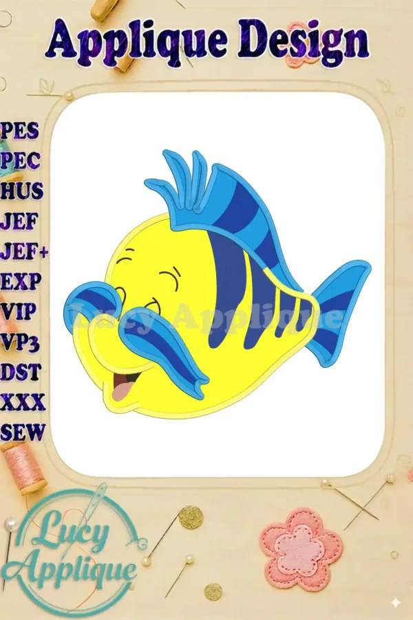 Main image of a charming Flounder applique embroidery design in yellow and blue, ready to stitch. Perfect for adding a touch of Disney magic to your projects.