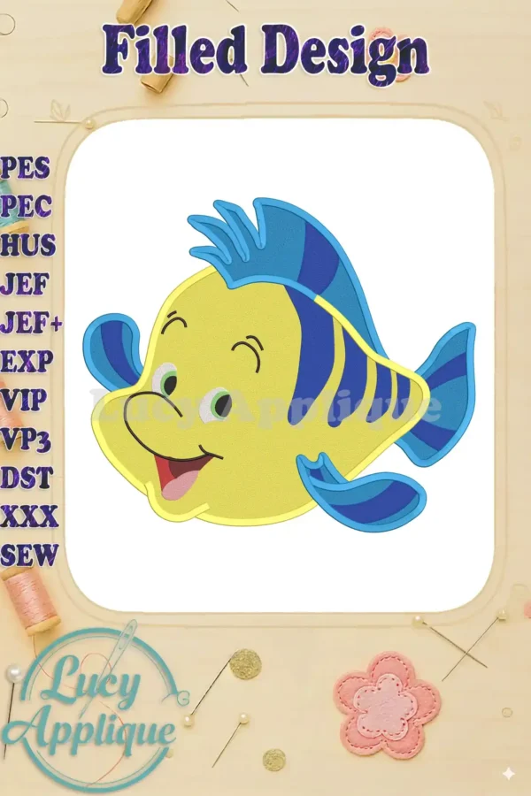 A charming filled embroidery design of Flounder, the little fish from Disney's The Little Mermaid, showcasing bright yellow and blue colors.