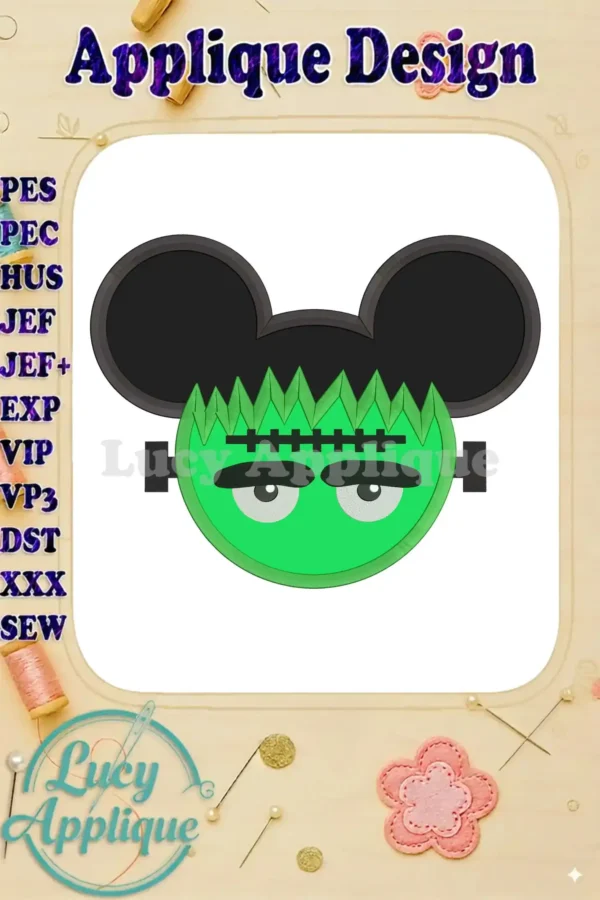 A charming Frankenstein Mickey Mouse applique design, showcasing a green face with stitched details and iconic Mickey ears. This digital embroidery pattern is perfect for Halloween projects.