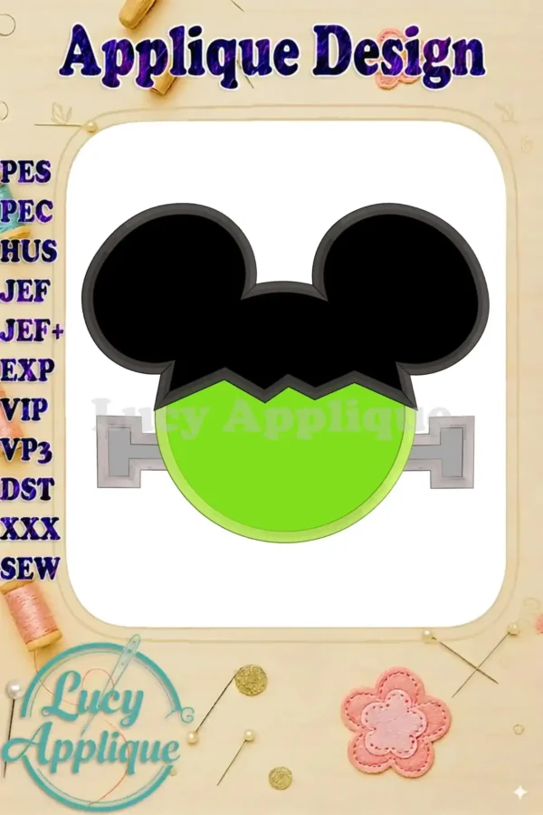 Frankenstein Mickey Mouse applique embroidery design in lime green and black, with metallic grey bolts. The design shows the finished product with stitch details.