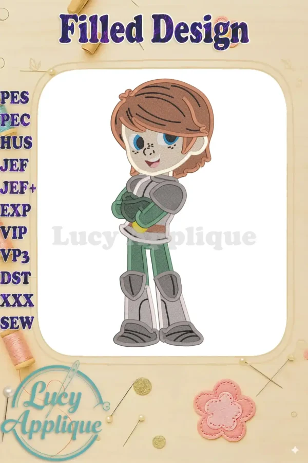 Embroidery design of Garrett Nella, a Princess Knight, in a filled stitch style. The design showcases the character with arms crossed, ready for adventure.