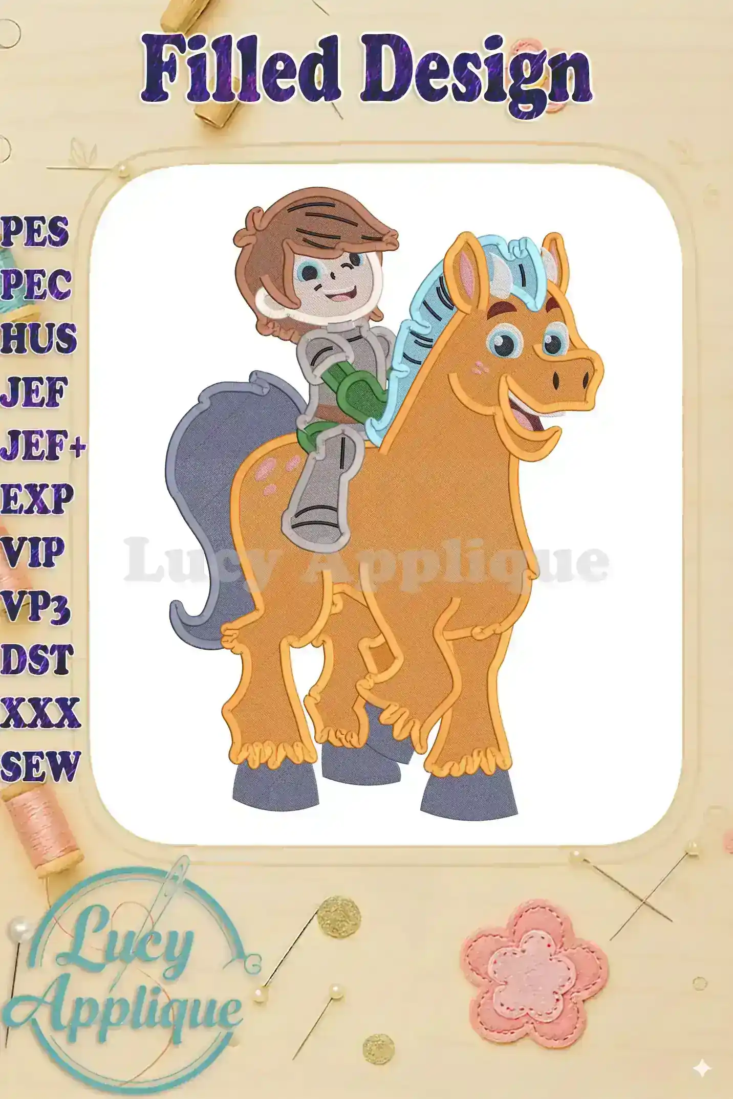 Charming embroidery design of Garrett and Clod Nella, the Princess Knight, on a horse; a filled design, perfect for adding a whimsical touch to your projects.
