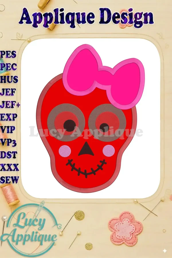 A cute skull applique embroidery design with a pink bow, perfect for Halloween projects or adding a unique touch to any design. The image shows the finished design.