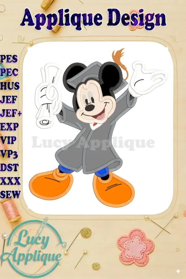 Adorable Mickey Mouse in graduation cap and gown, holding diploma. Applique design suitable for various sewing projects. High-quality embroidery.