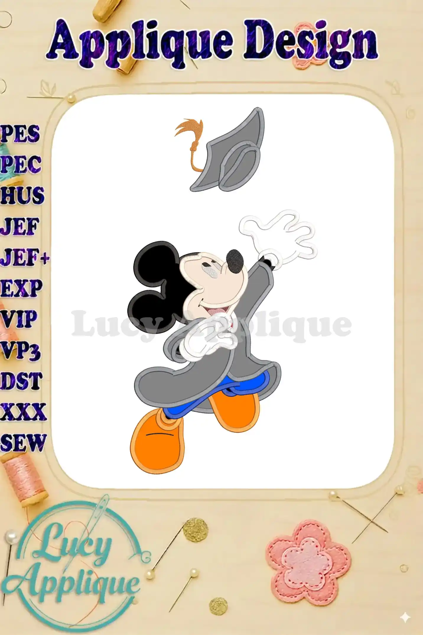Adorable Mickey Mouse in graduation attire, tossing his cap in the air. Applique design in various embroidery formats. Perfect for graduation projects.