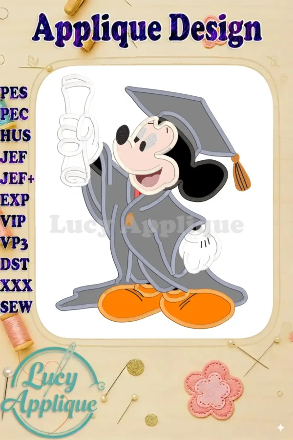 Adorable Mickey Mouse in graduation cap and gown, holding a diploma. Applique design in gray and orange. Perfect for graduation projects.