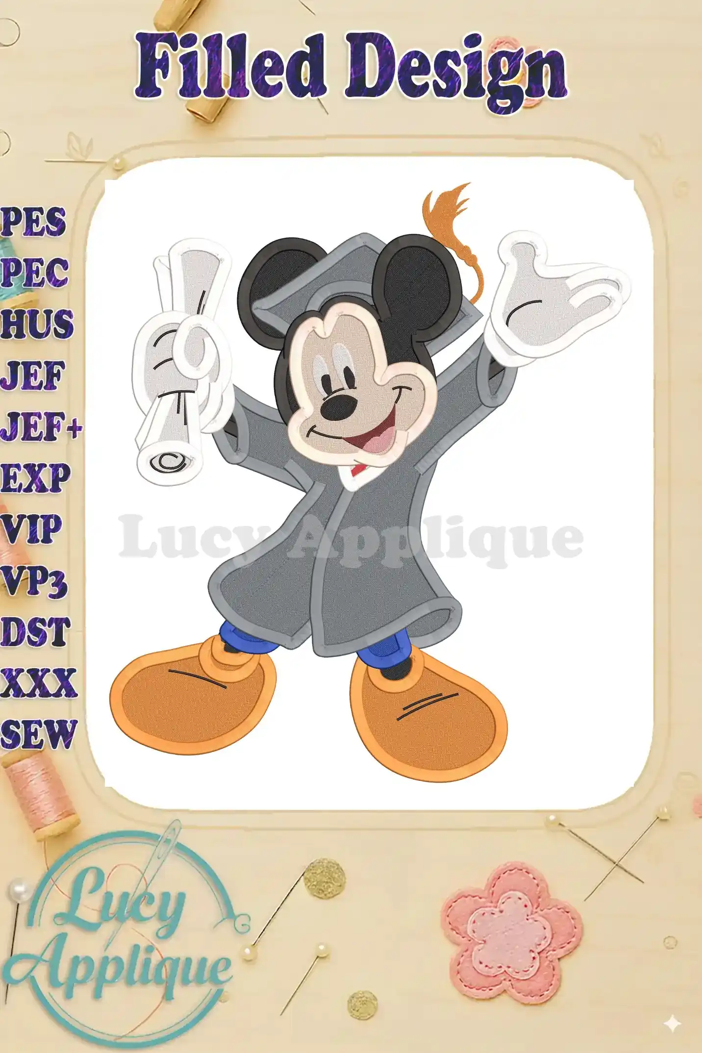 Adorable Mickey Mouse in graduation cap and gown, holding a diploma. Filled embroidery design, perfect for graduation gifts or apparel. High-quality digital design.
