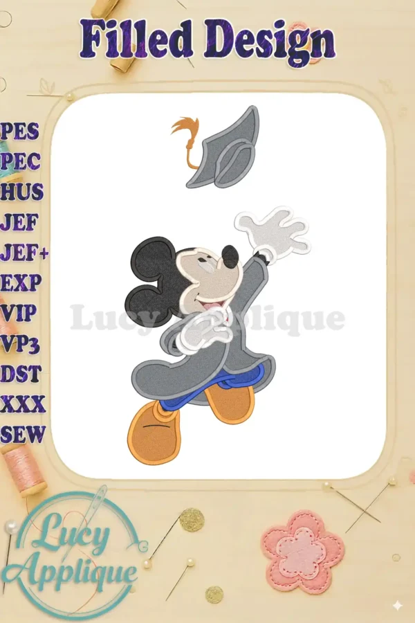 Adorable Mickey Mouse in graduation cap and gown, celebrating his academic achievement. A filled embroidery design, perfect for apparel or gifts.